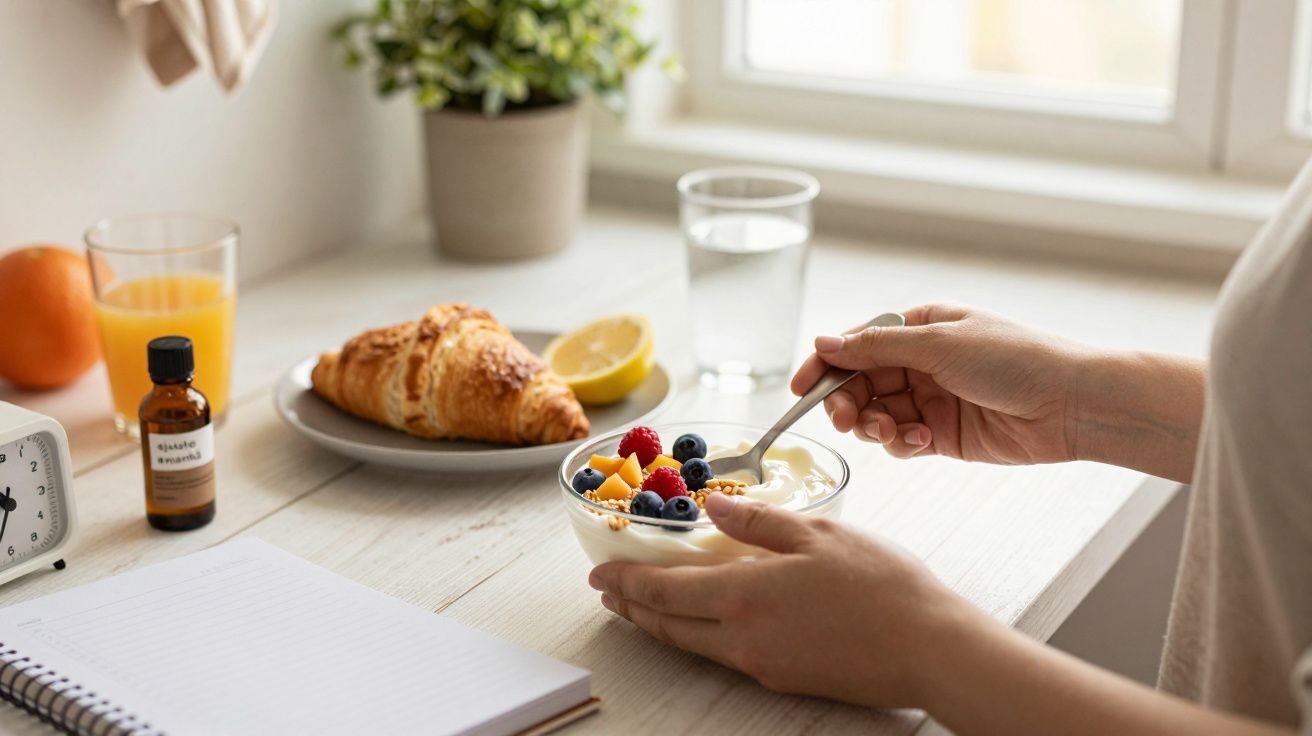 Pessoa a comer iogurte com frutas numa mesa com croissant, sumo, bloco de notas e relógio ao lado de uma janela.