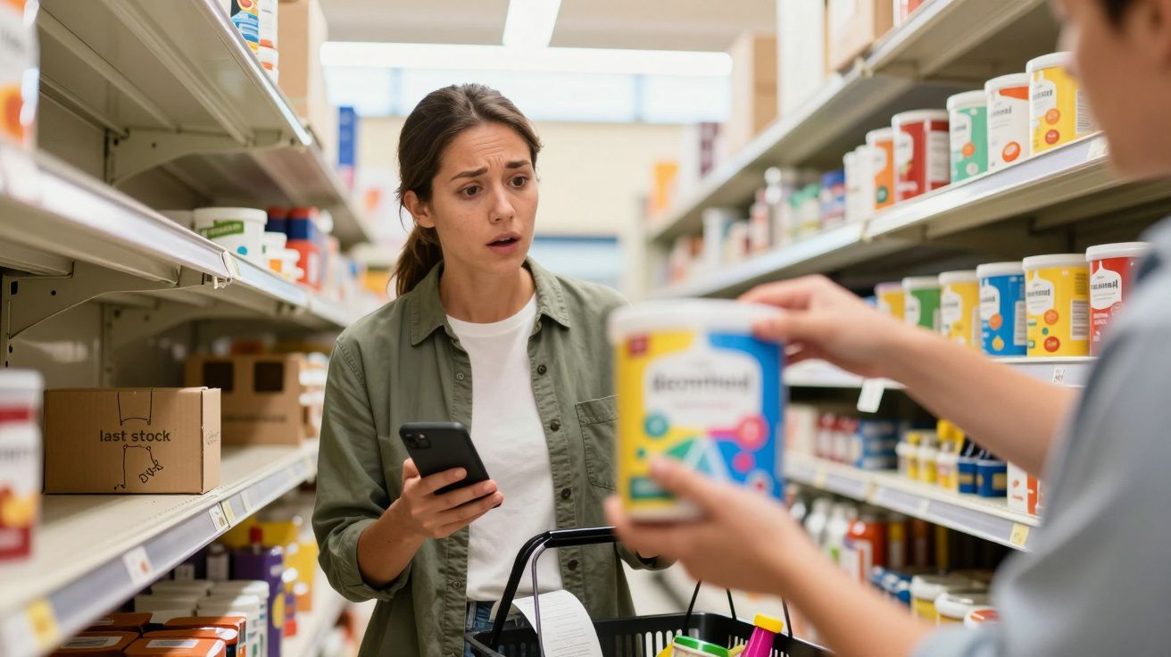 Mulher surpreendida no corredor do supermercado, segurando telemóvel e cesto, olhando produto mostrado por outra pessoa.