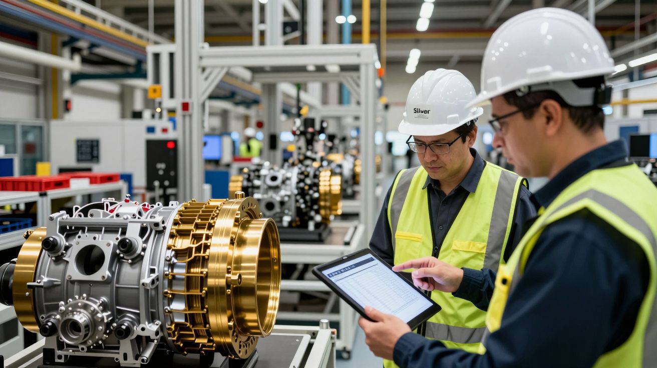 Dois engenheiros num fábrica analisam um motor em montagem, usando um tablet. Estão de colete e capacete.