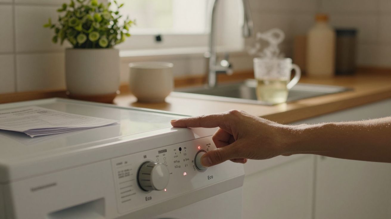 Mão ajustando o botão de uma máquina de lavar roupa branca numa cozinha com planta e chávena ao fundo.