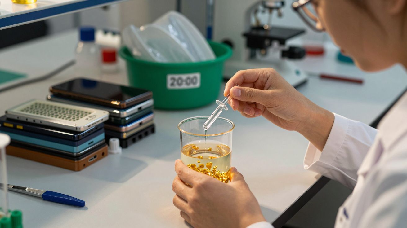 Cientista em laboratório com pipeta adicionando líquido a um copo com esferas douradas; telemóveis no fundo.