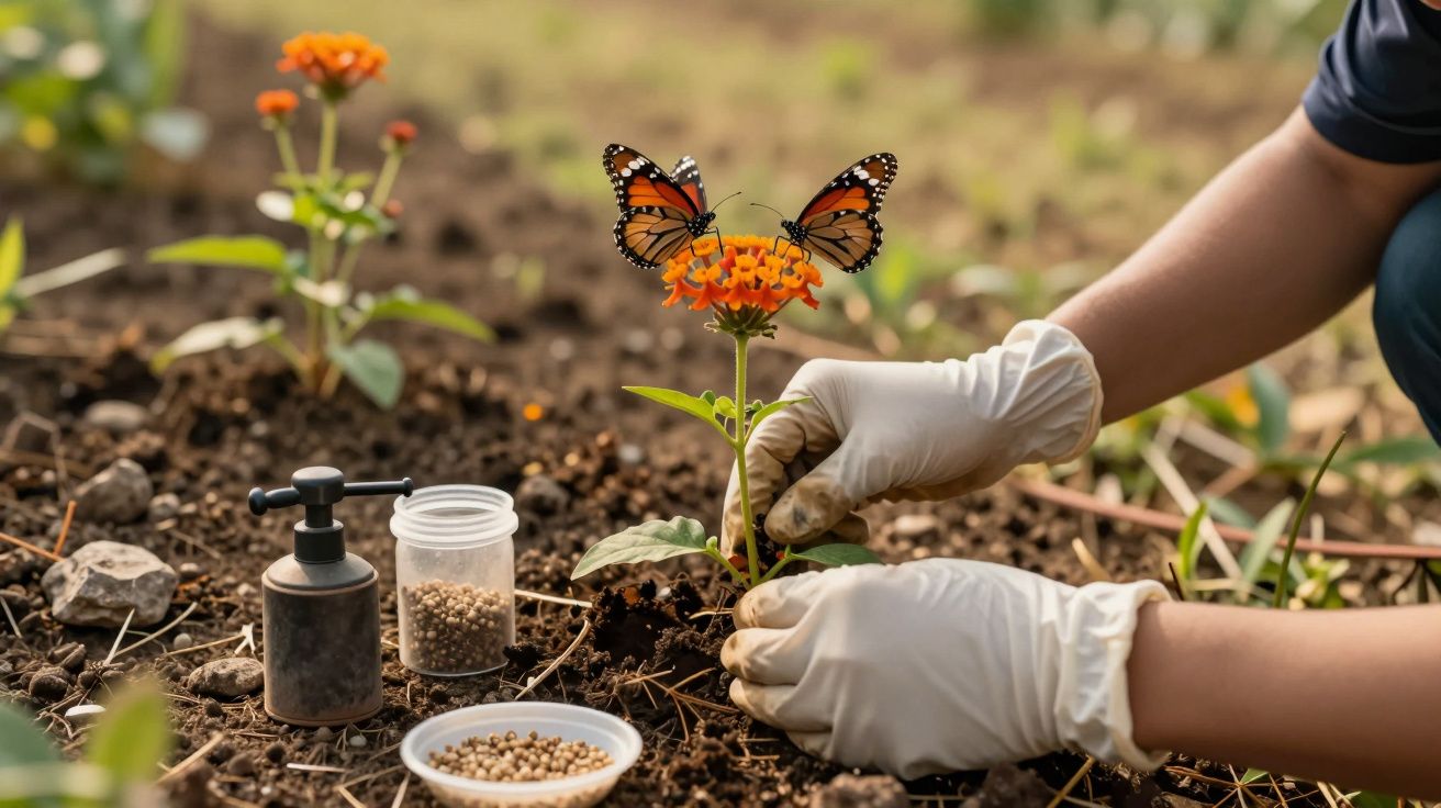 Pessoa com luvas planta flor laranja num jardim, com borboleta pousada, rodeada por sementes e regador.