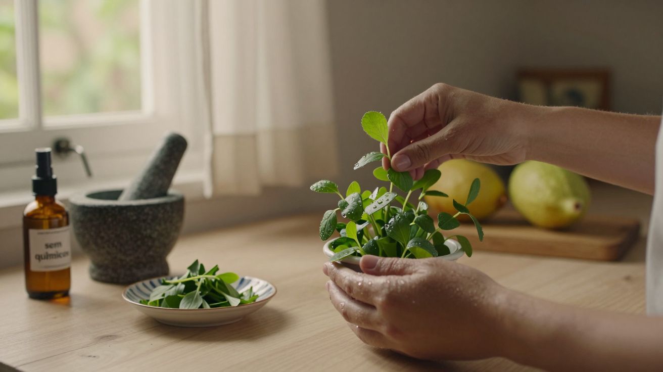 Mãos cuidando de planta numa cozinha; há limões, almofariz, e frasco com etiqueta "sem químicos" ao fundo.