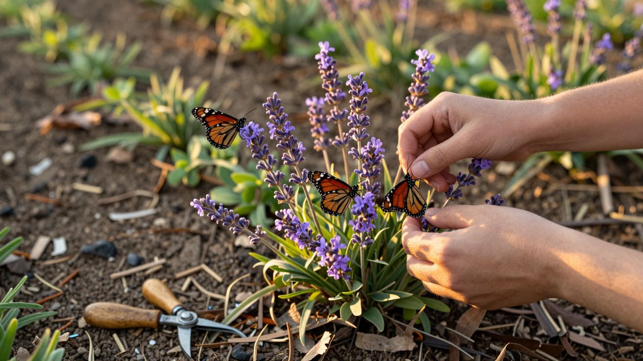 Mãos cuidam de lavanda com borboletas laranja e pretas pousadas, num jardim ao ar livre. Tesoura de poda ao lado.