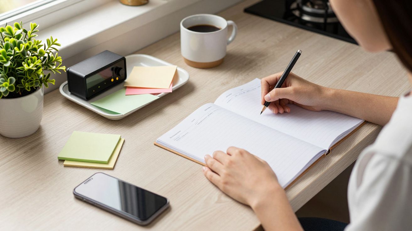 Pessoa escreve num caderno em mesa com planta, café e smartphone. Notas adesivas ao lado.