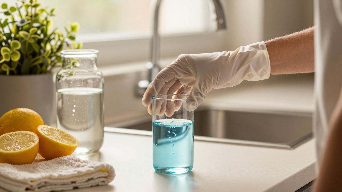 Mão com luva segura copo com líquido azul em cozinha, ao lado de limões e pote de água.