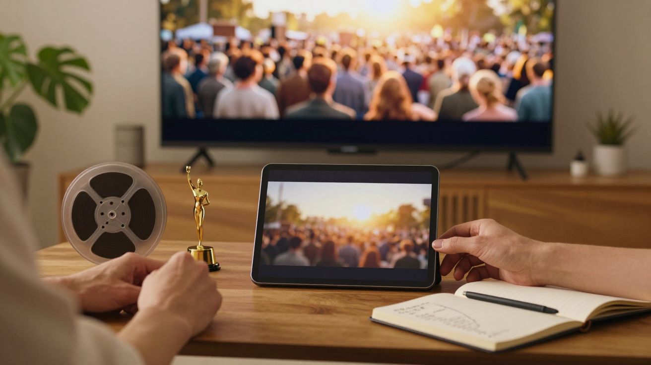 Pessoa com tablet e bloco de notas numa mesa; fundo com ecrã gigante a mostrar uma multidão.