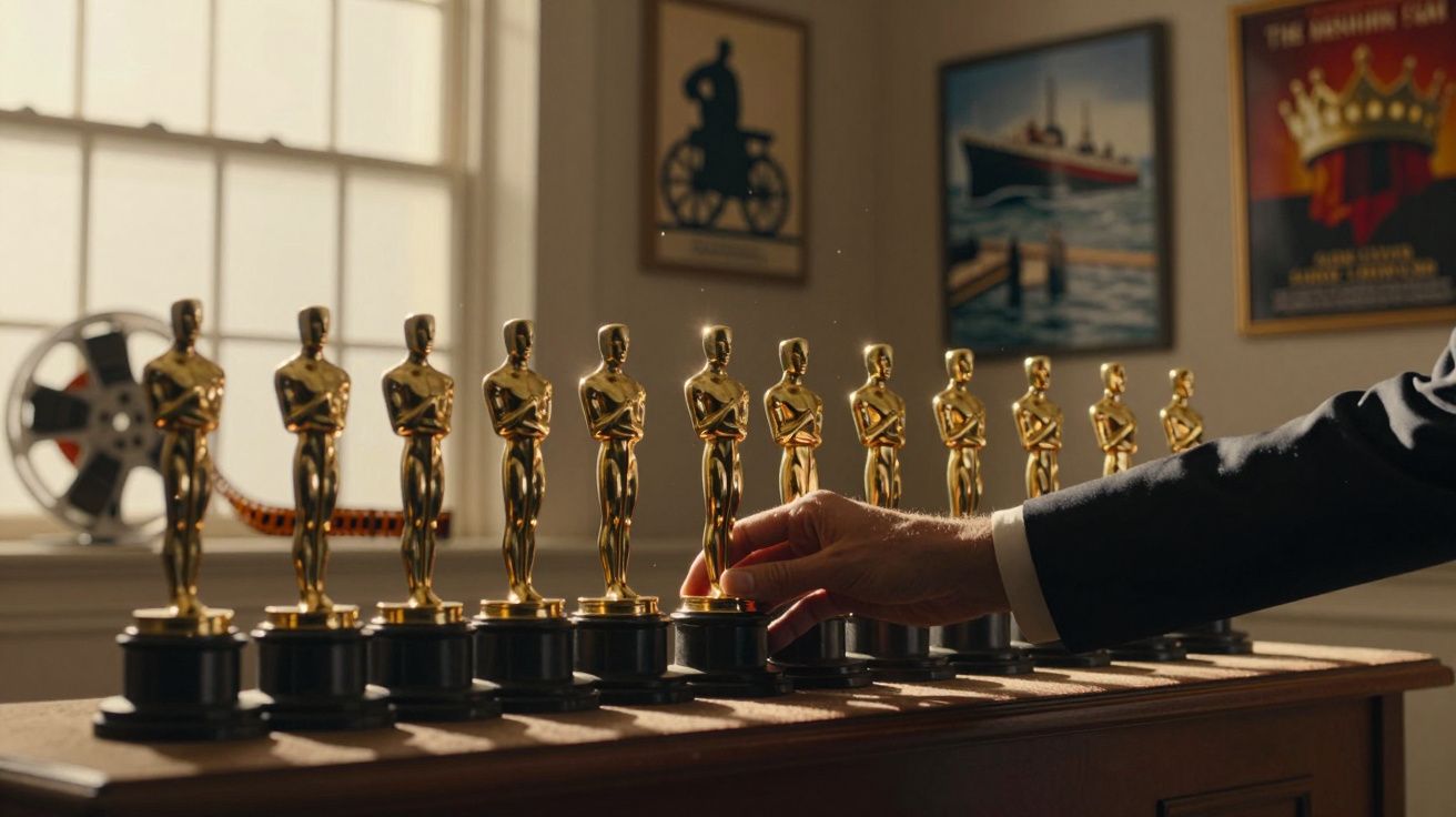 Várias estatuetas de prémios Óscares alinhadas numa mesa, com uma mão a tocar numa delas em destaque.