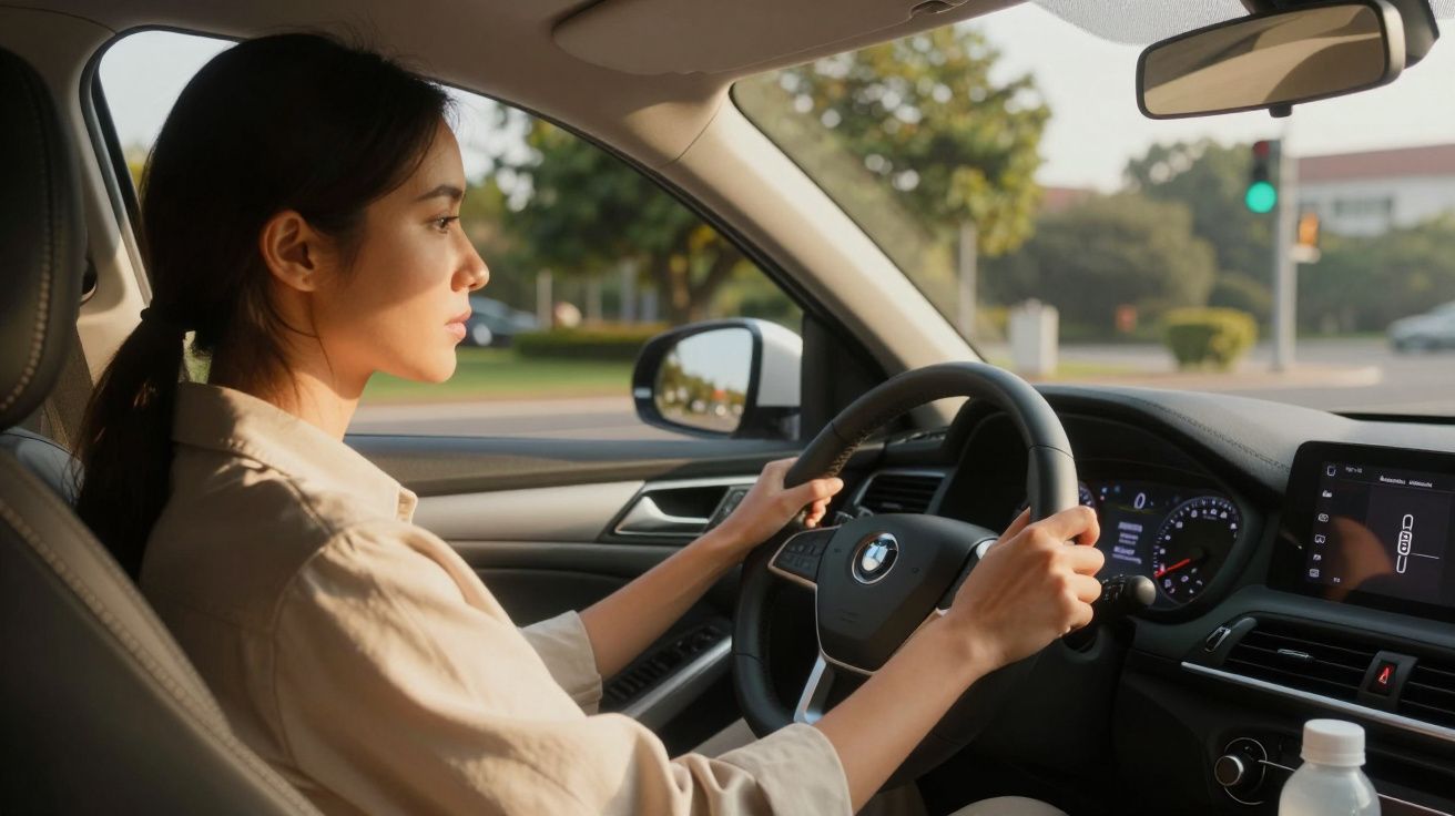 Mulher conduz carro em ambiente urbano, olhando atentamente para a estrada.