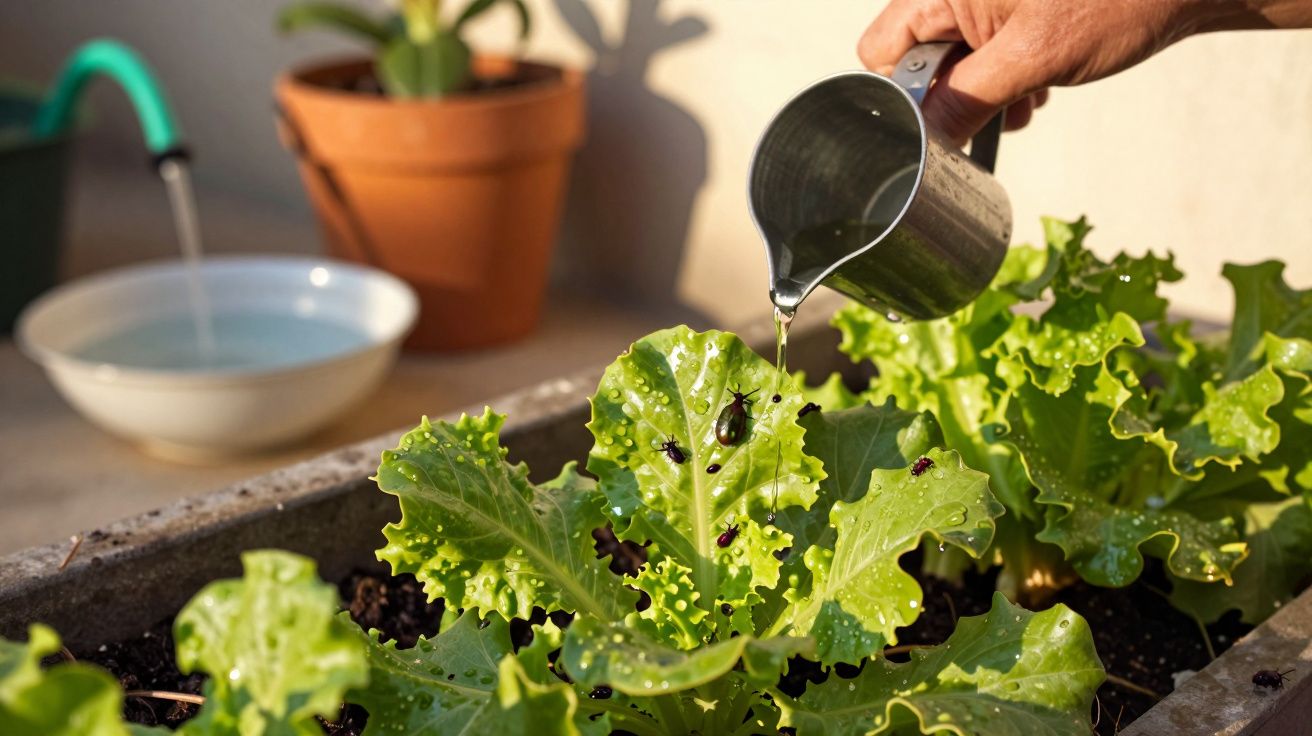 Pessoa rega alface com regador de metal num vaso grande, ao lado de um vaso com planta e prato de água.