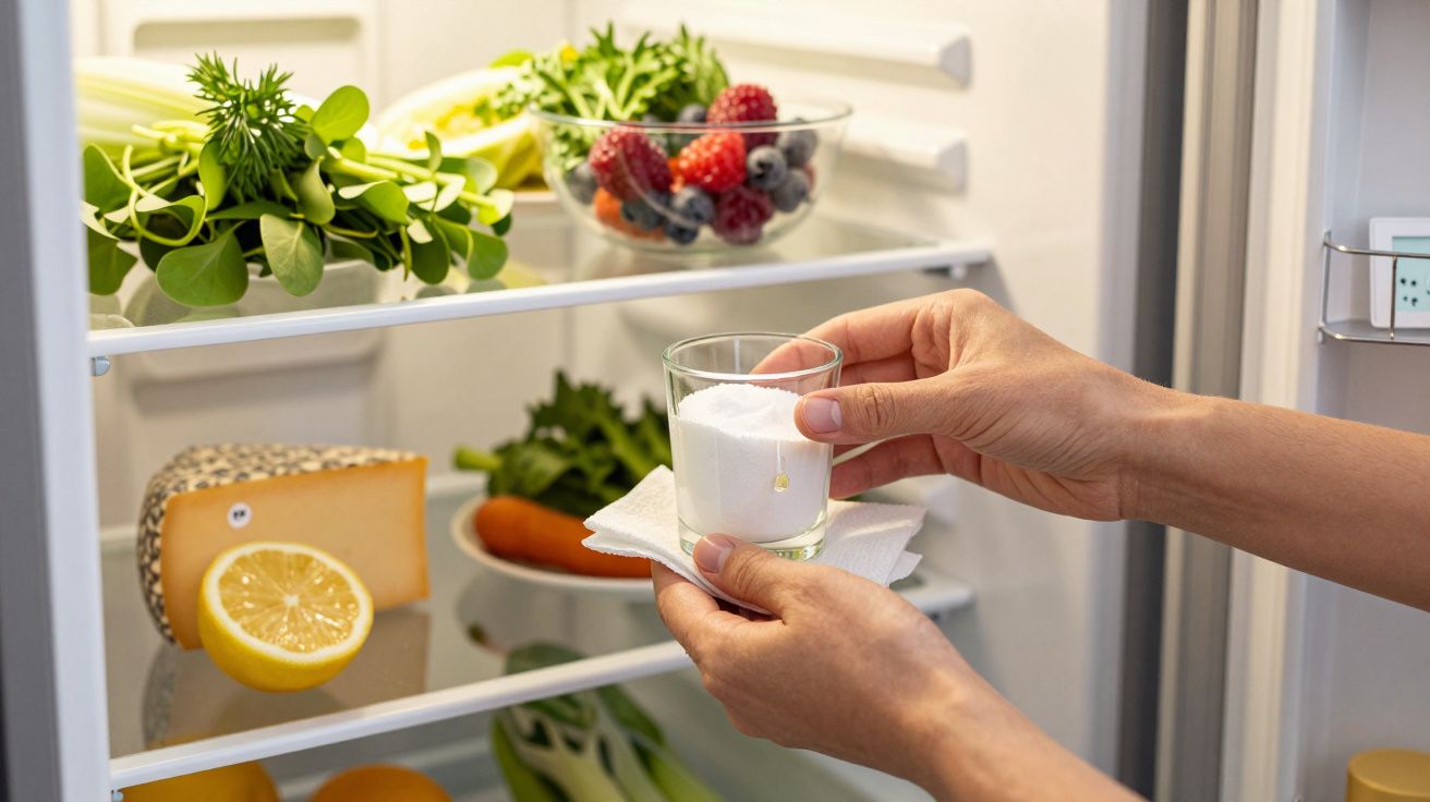 Pessoa coloca copo com sal numa prateleira de frigorífico cheio de vegetais e frutas.