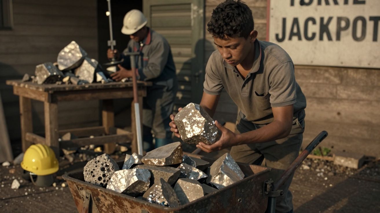 Homem organiza pedras prateadas numa carriola, enquanto outro ao fundo trabalha num banco. Capacete amarelo no chão.