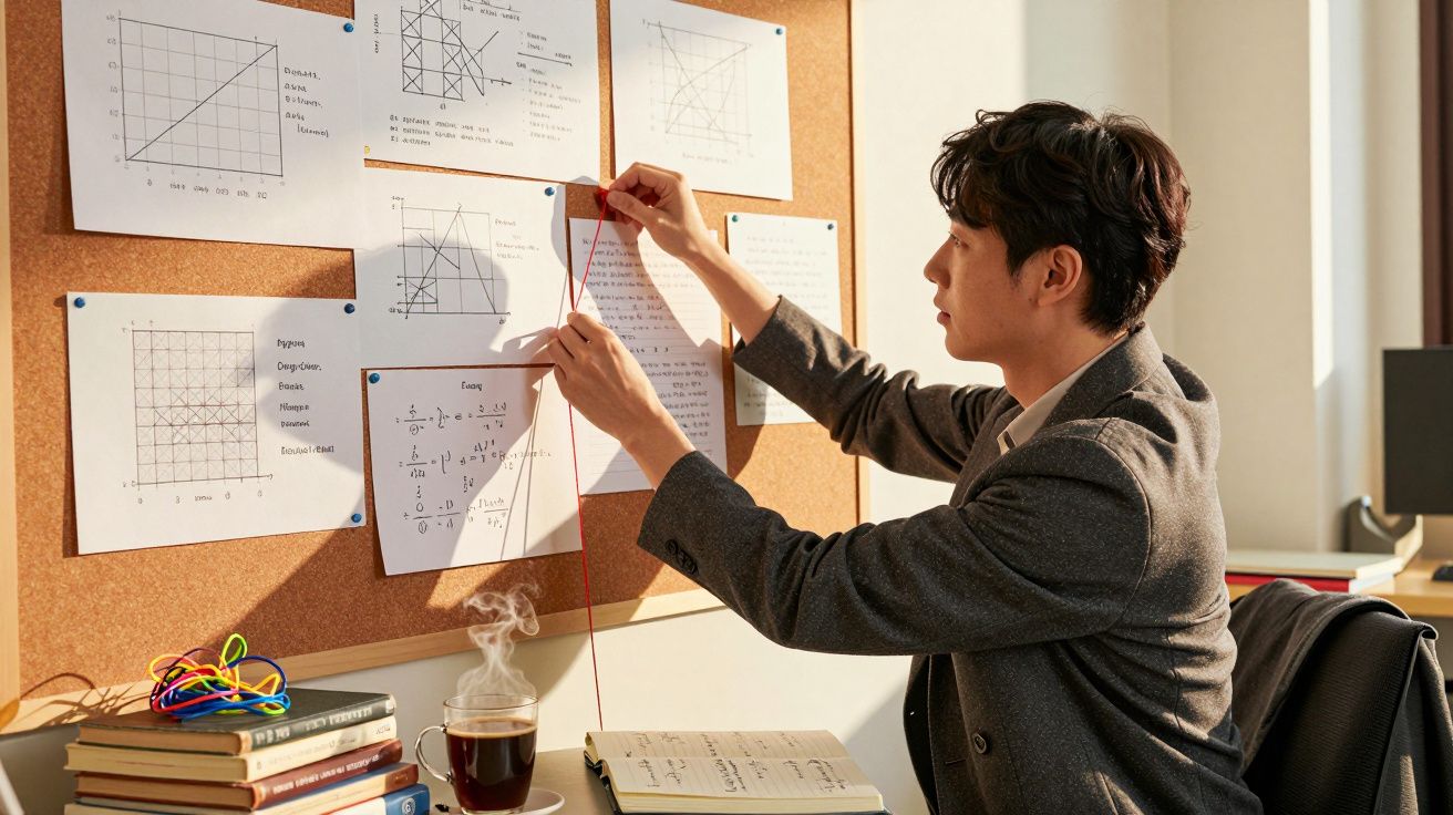 Homem organiza gráficos e equações num quadro de cortiça, com livros e café na mesa ao lado.