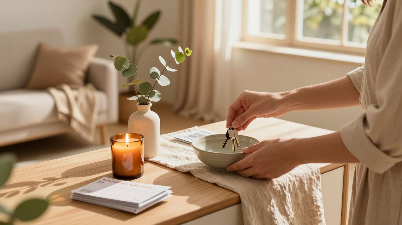 Pessoa coloca chaves em tigela sobre mesa decorada com vela, planta e brochura, numa sala iluminada pelo sol.