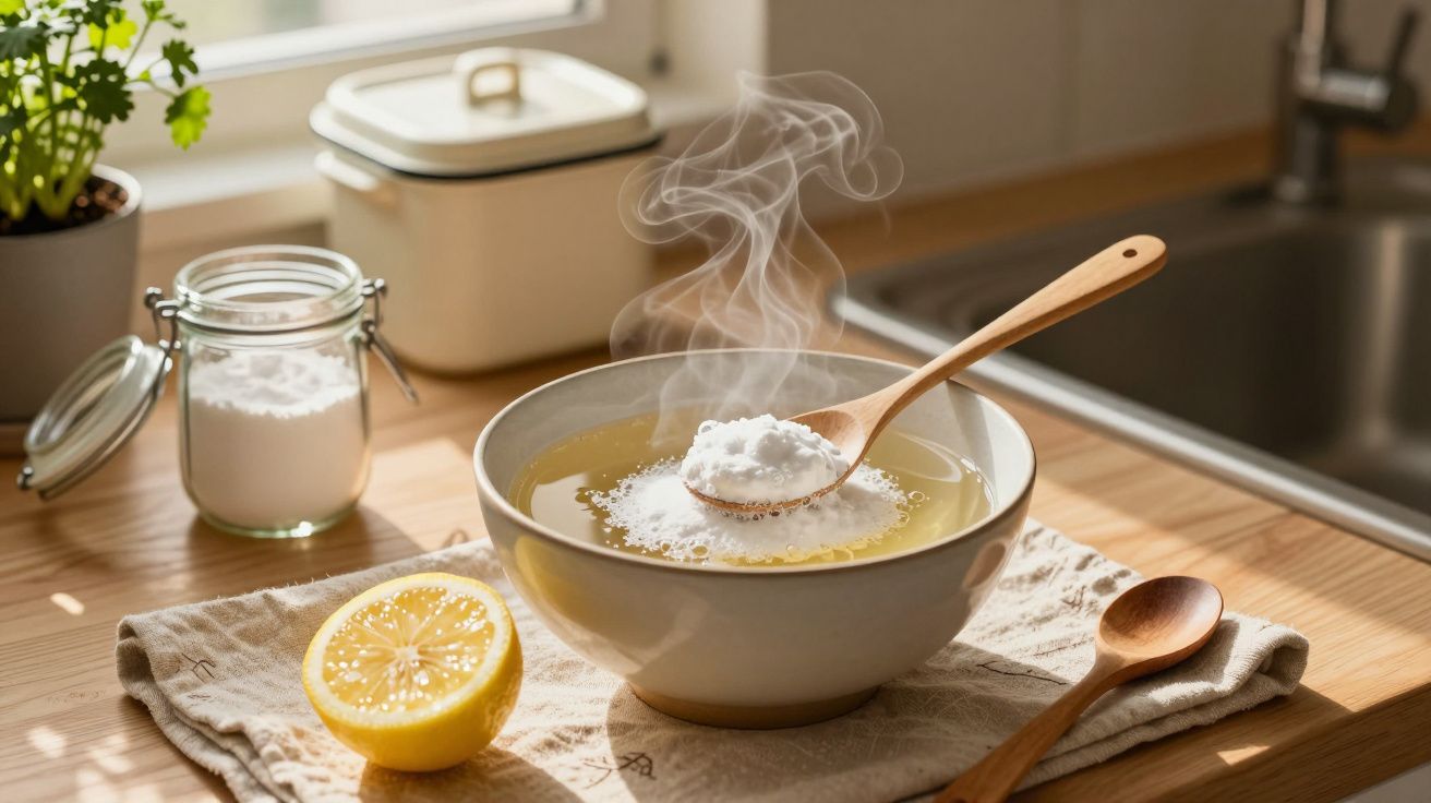 Tigela de sopa fumegante com colher de madeira sobre toalha, ao lado de limão cortado e frasco de vidro com sal.