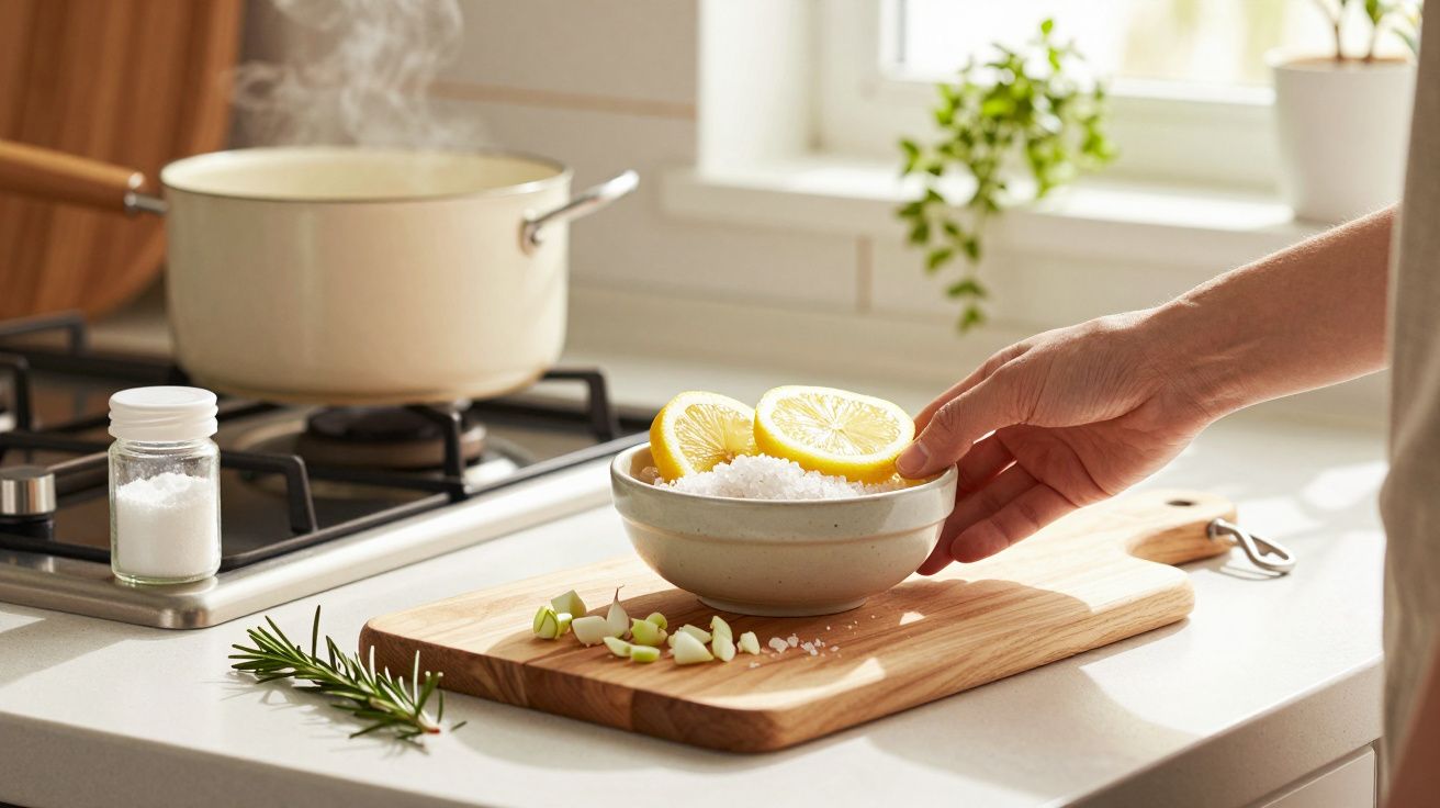 Mão colocando limões num recipiente com sal, ao lado de um tacho ao lume e ervas aromáticas em cima da bancada.