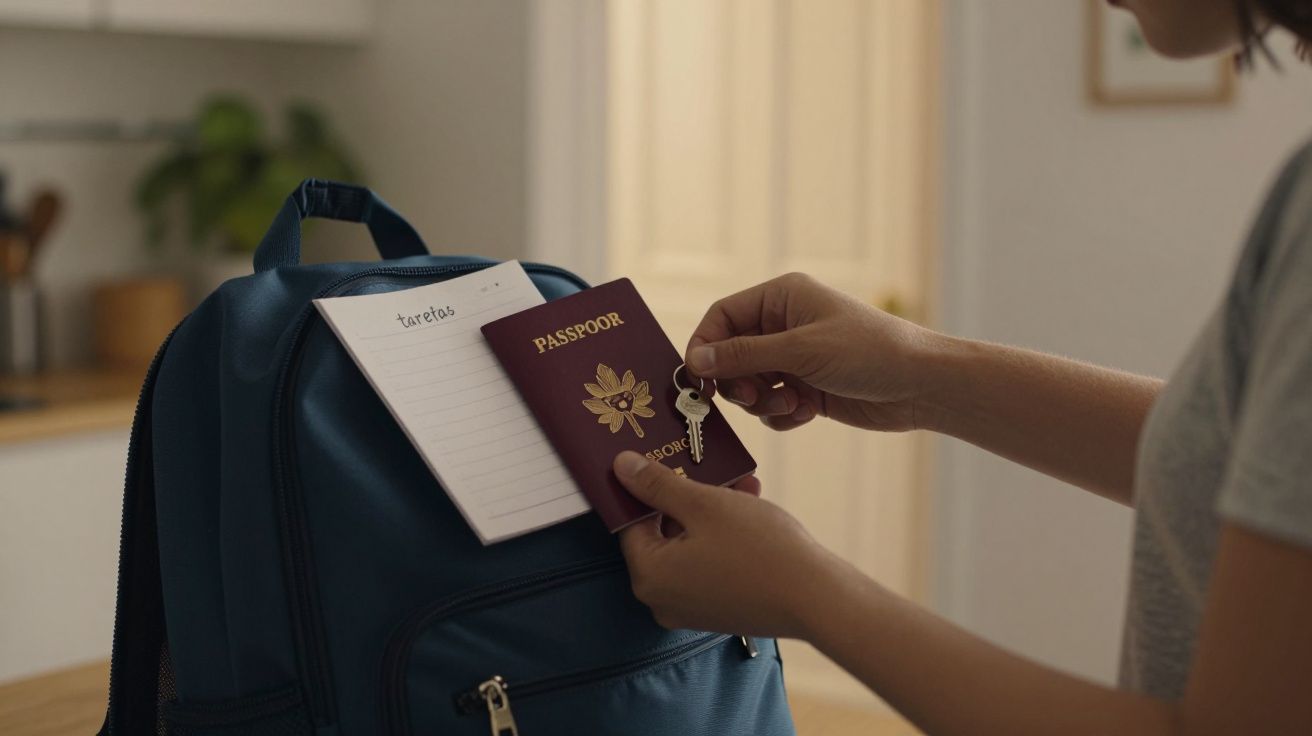 Pessoa segura passaporte e chave junto a mochila azul com caderno marcado "tarefas" na cozinha.