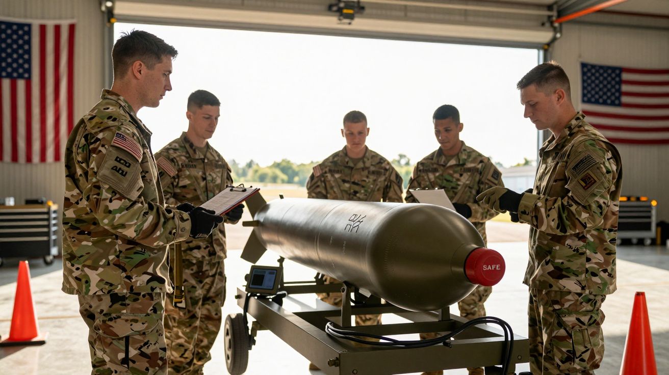 Soldados em uniforme camuflado inspecionam bomba num hangar, com bandeiras americanas ao fundo.