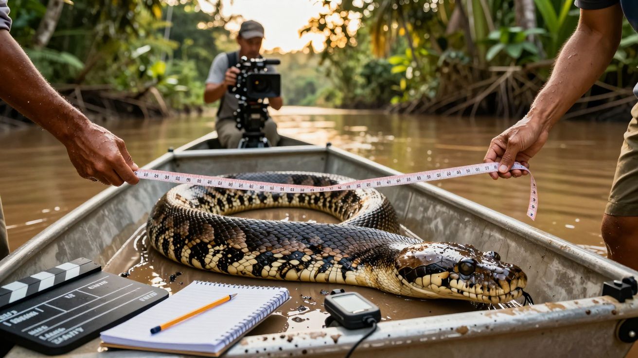 Cobra grande a ser medida num barco em rio, com câmera e notas, rodeada por floresta tropical.
