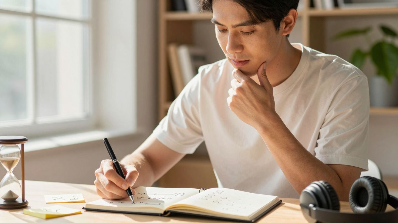 Homem concentra-se enquanto escreve e desenha num caderno, sentado a uma mesa com fone de ouvido e ampulheta.