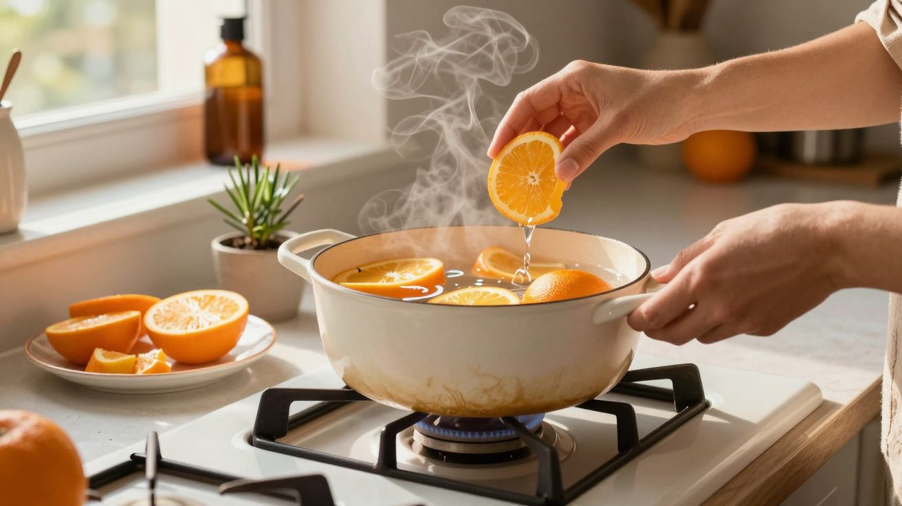 Pessoa coloca rodelas de laranja numa panela com água a ferver no fogão, com vapor a sair.