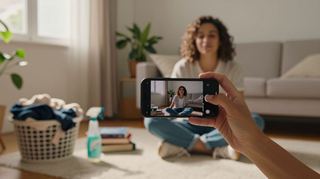 Pessoa grava vídeo com smartphone, sentada em sala com sofá, plantas, cesto de roupa e spray de limpeza.