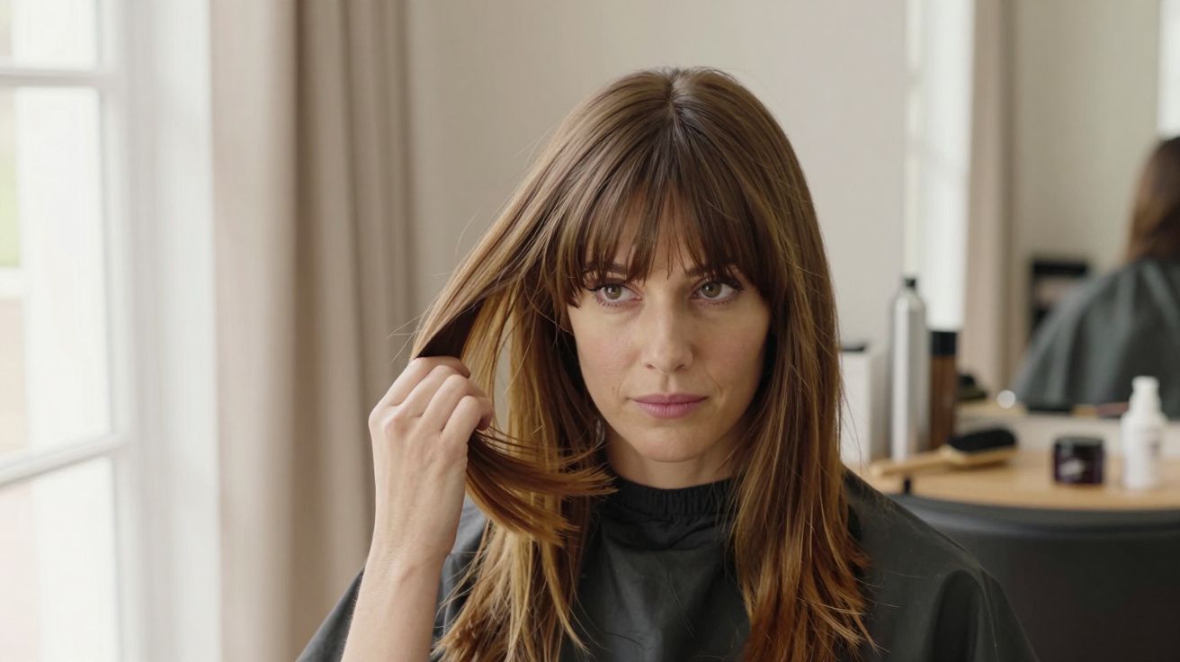 Mulher com cabelo castanho liso e franja toca no cabelo em frente a um espelho num salão de cabeleireiro.