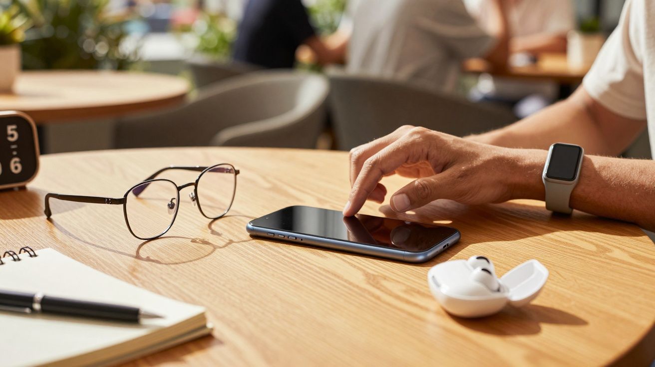 Mão toca em smartphone numa mesa de madeira com óculos, caderno, caneta e auscultadores.