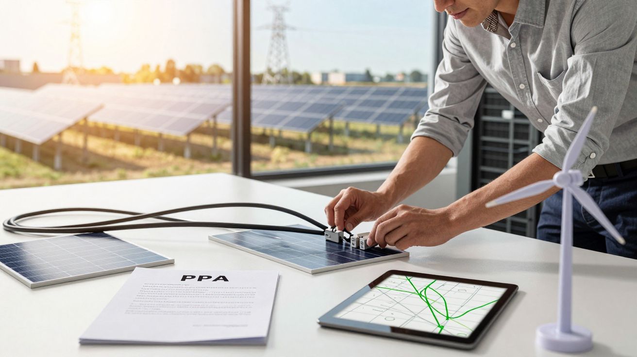 Homem trabalha em painéis solares numa mesa com contrato PPA, tablet e modelo de turbina eólica ao fundo.