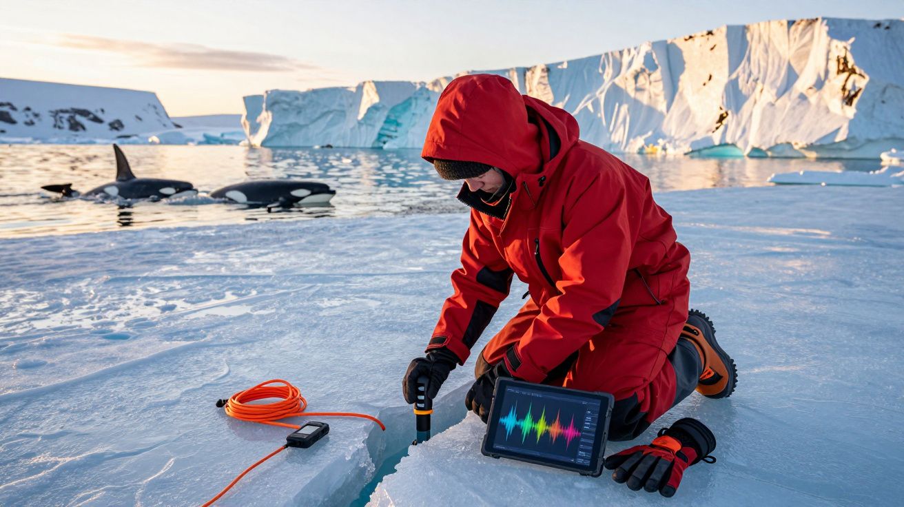 Cientista coleta dados no Ártico, ajoelhado no gelo com tablet, em meio a orcas no mar e icebergs ao fundo.