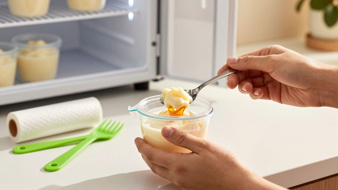 Mãos segurando uma taça de sobremesa com creme, com frigorífico aberto ao fundo e utensílios verdes na bancada.