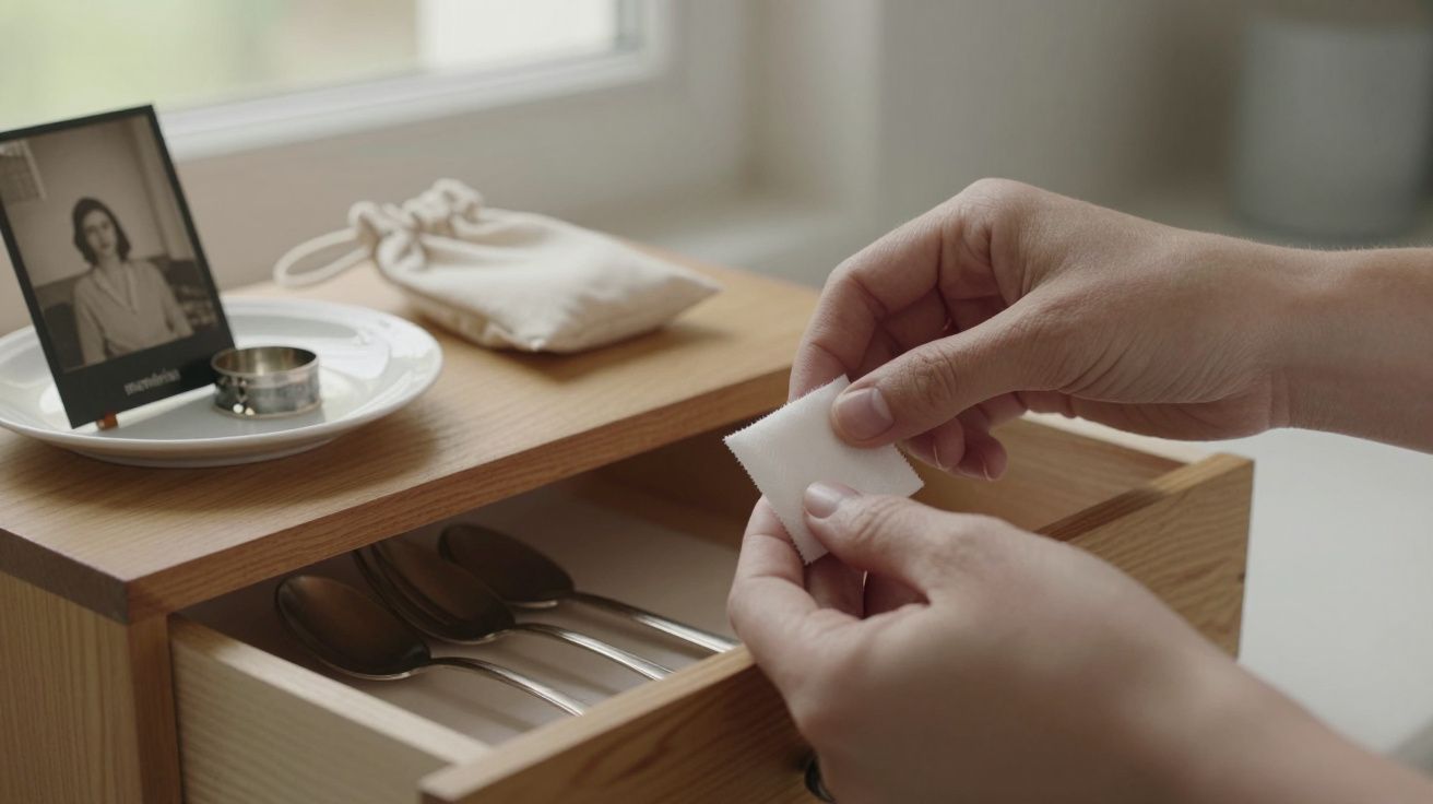 Mãos seguram toalhita em frente a gaveta com talheres; ao lado, fotografia antiga e saco em cima de móvel de madeira.