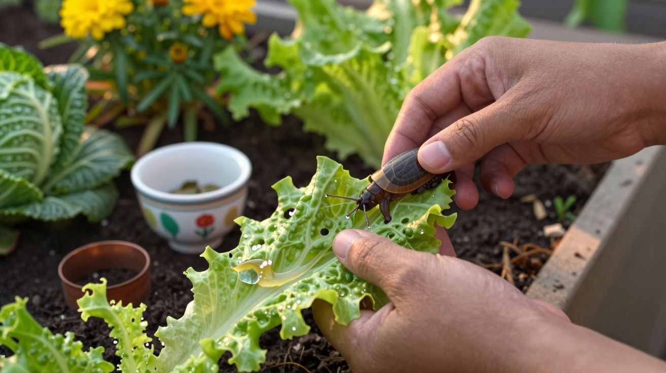 Pessoa a segurar uma alface com caracol a comer. Jardineiras ao fundo e uma tigela decorada sobre a terra.