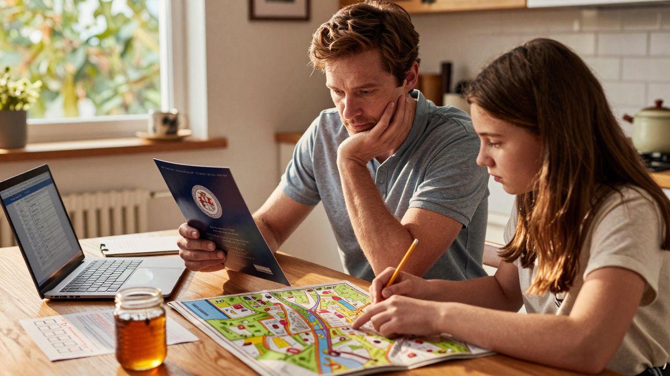 Homem e rapariga estudam mapa numa mesa com computador portátil e copo de chá, em ambiente de cozinha iluminada.