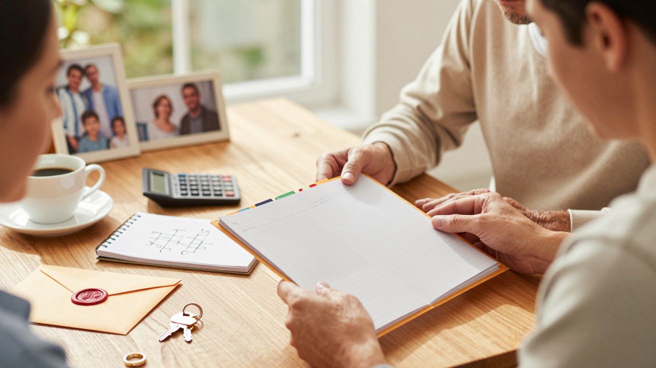 Três pessoas numa mesa analisam documentos com bloco de notas e calculadora. Há chaves e fotos ao lado.