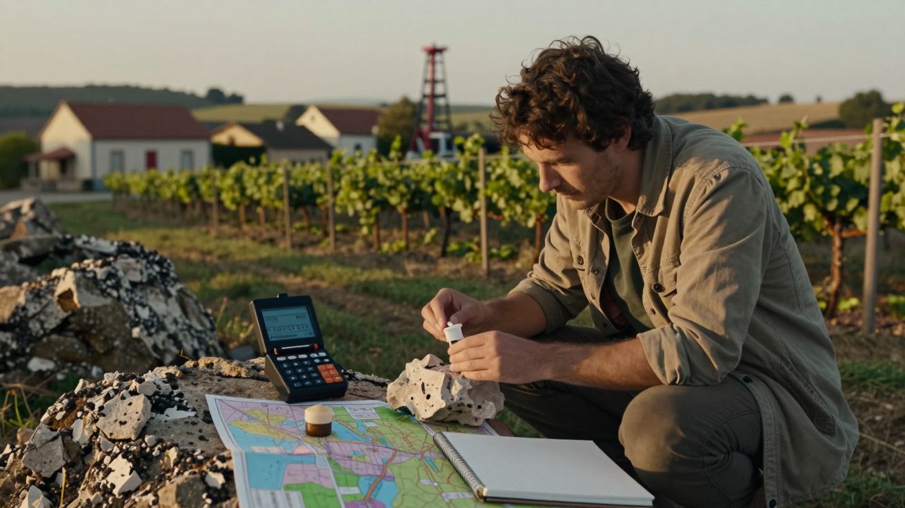 Homem analisa rochas numa vinha, com mapa e portátil, ao pôr do sol.