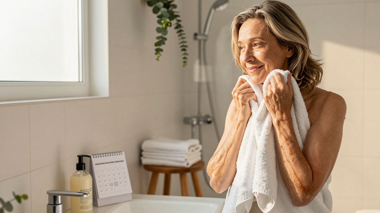 Mulher sorridente enxugando o rosto com toalha branca numa casa de banho iluminada pelo sol.