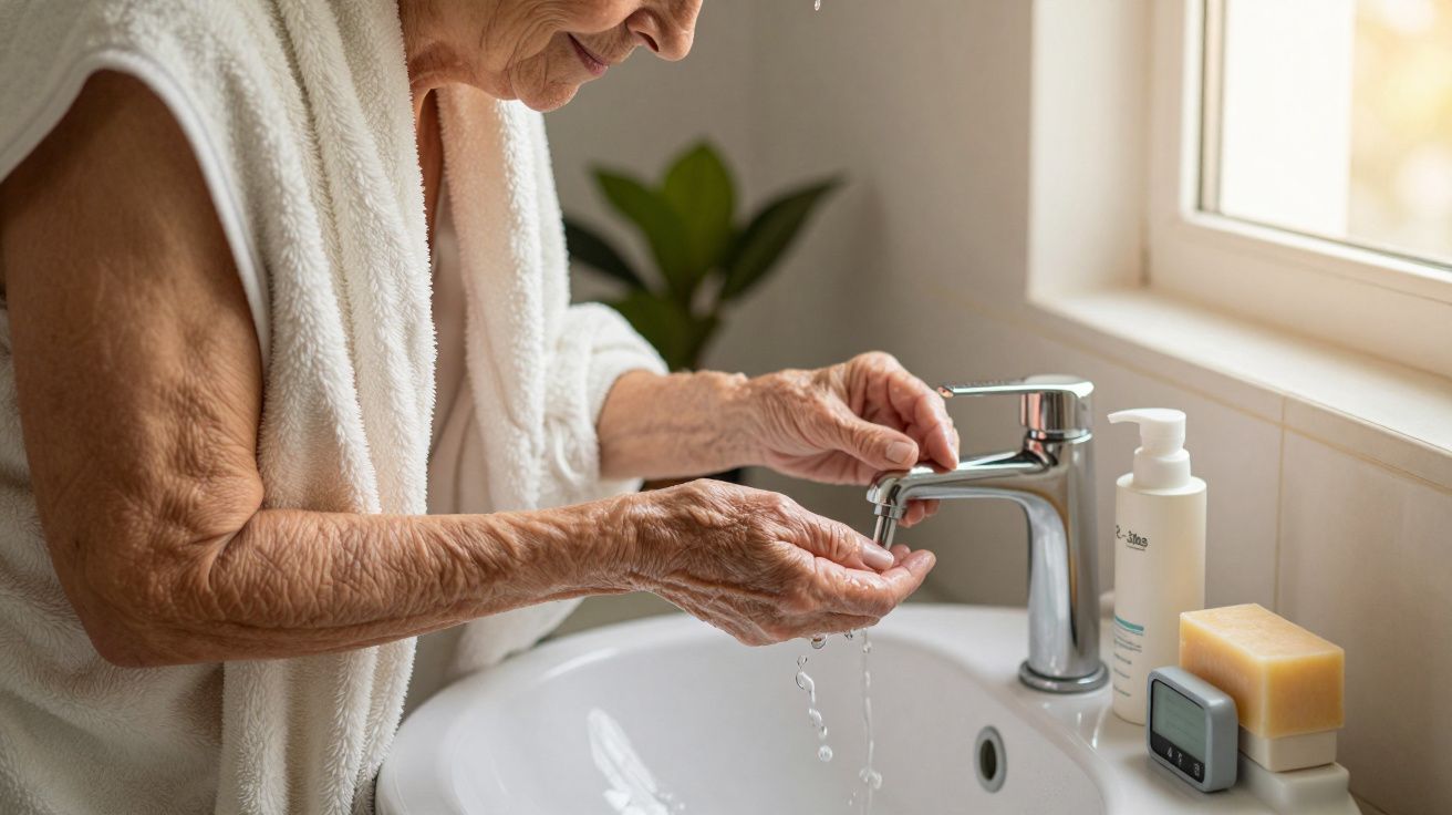 Mulher idosa lavando as mãos numa casa de banho, com toalha branca e produtos de higiene ao lado.