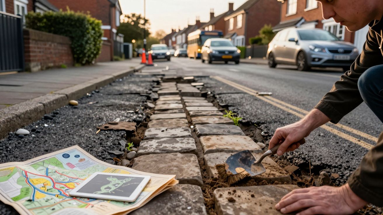 Pessoa escava rua de paralelepípedos com pá; mapa e tablet estão no chão. Carros e casas no fundo.