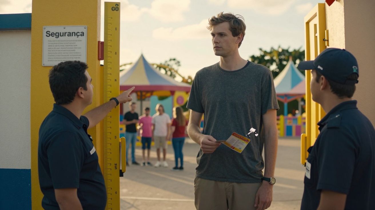 Homem alto num parque temático, segurando bilhete, ao lado de duas pessoas verificando altura numa régua de segurança.