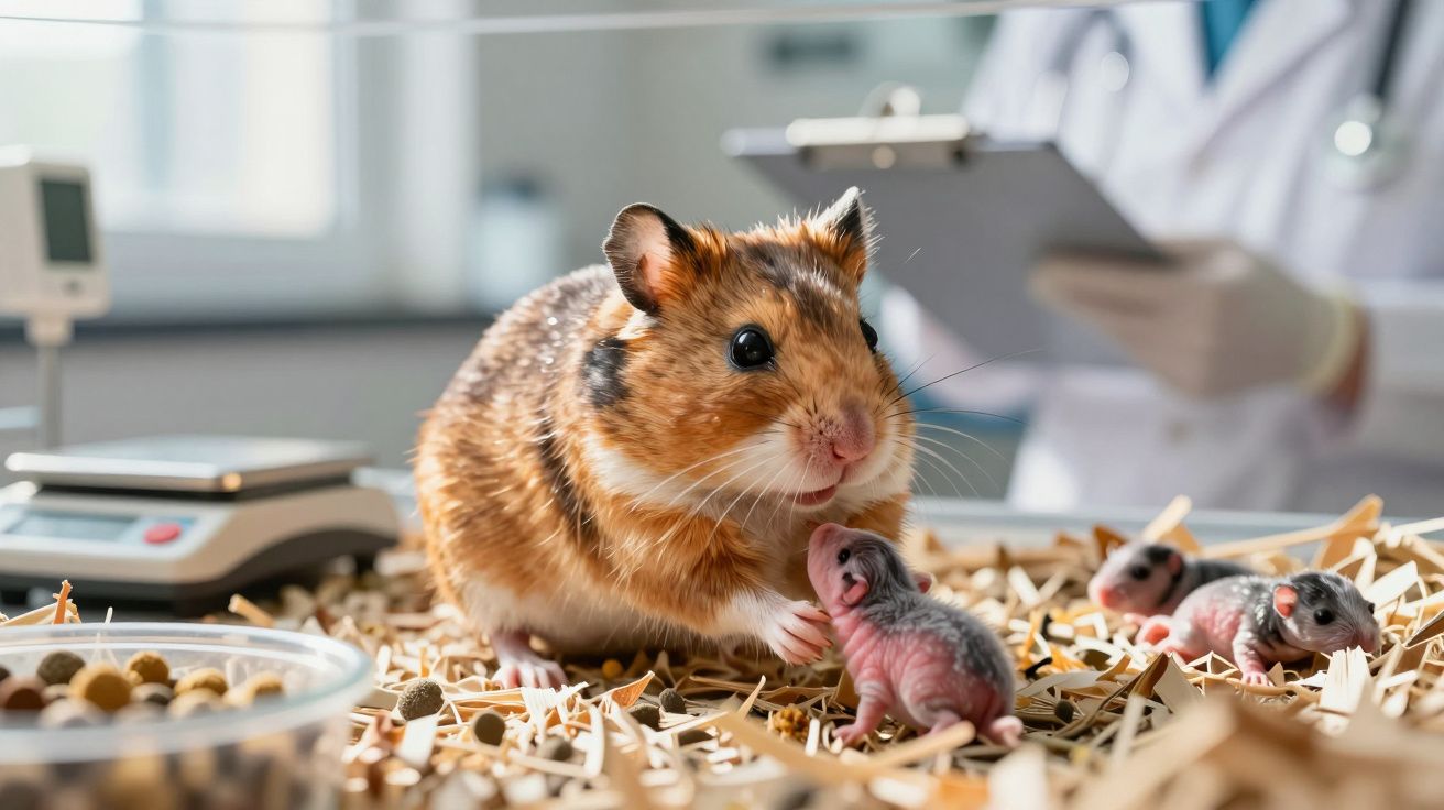 Hamster e crias em recinto com palha; cientista ao fundo tomando notas.