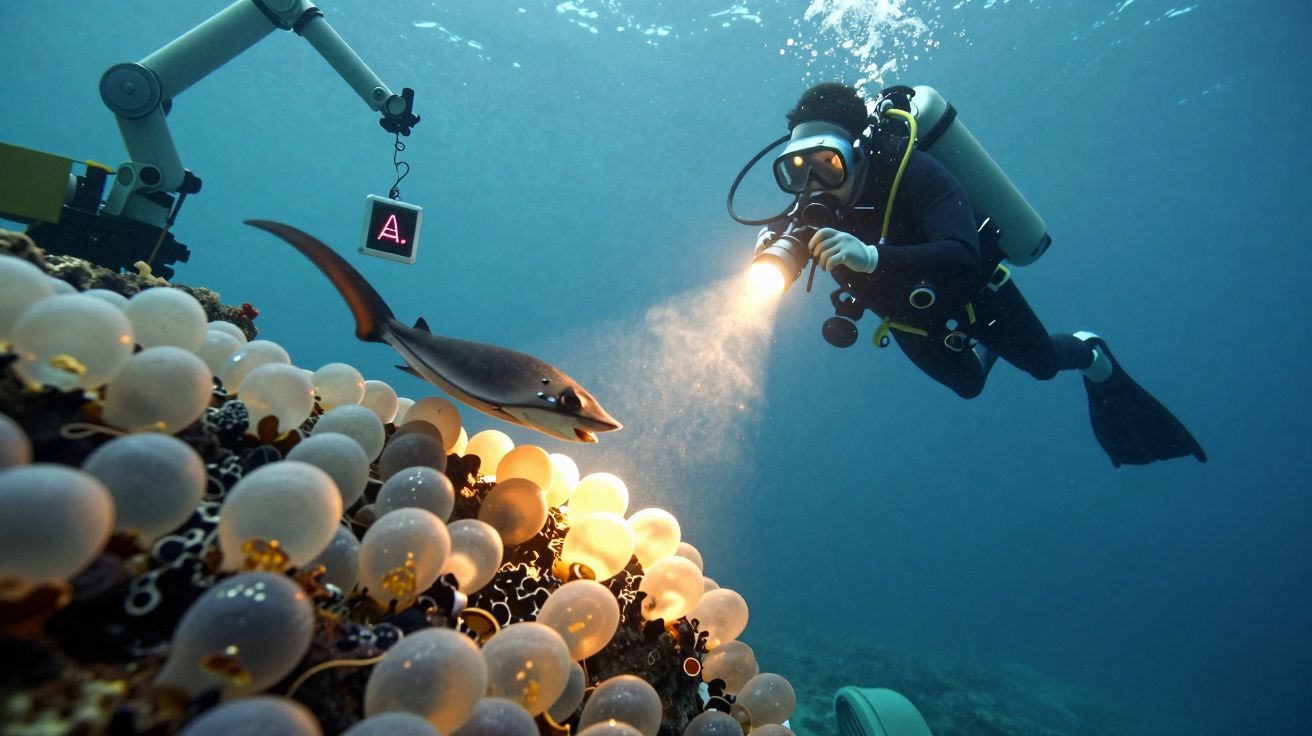 Mergulhador observa um peixe e ovos no fundo do mar com uma lanterna, ao lado de um braço robótico subaquático.