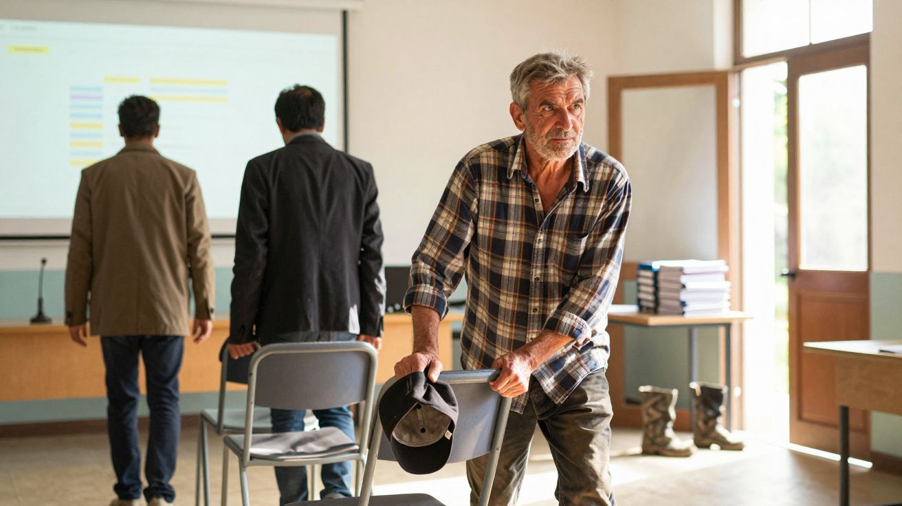 Homem de camisa xadrez segura uma cadeira numa sala de reunião, enquanto outros dois homens de costas saem da sala.