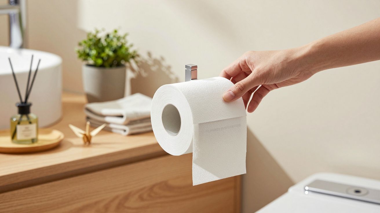 Mão segurando rolo de papel higiénico num banheiro com lavatório e toalhas ao fundo.