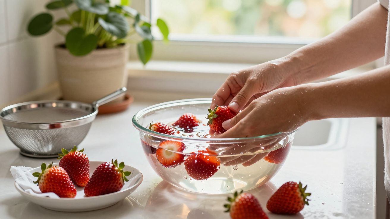 Mãos lavando morangos numa tigela de vidro com água na cozinha, ao lado de uma planta e de um passador de metal.