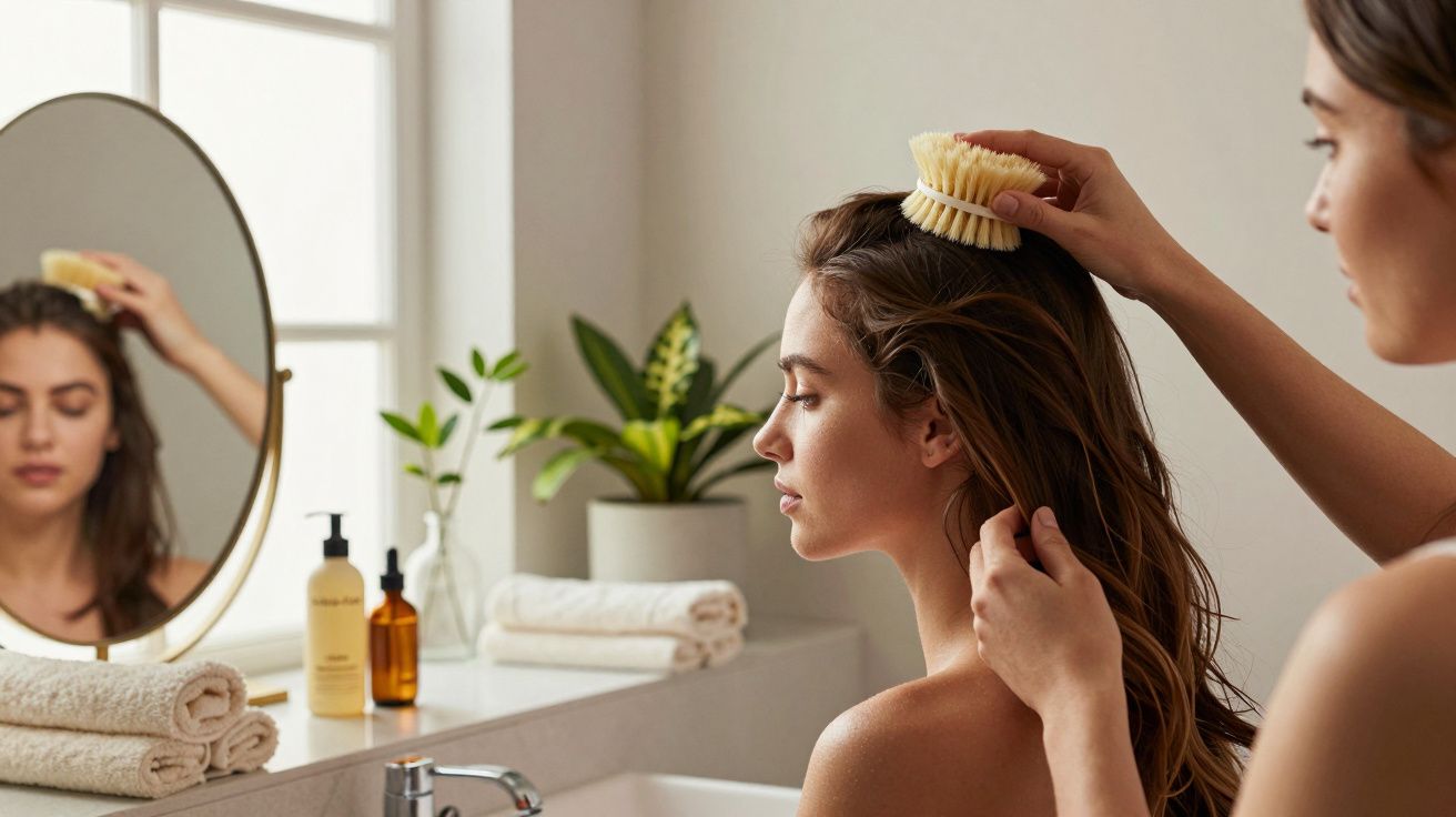Mulher a escovar o cabelo em frente a um espelho numa casa de banho, com toalhas e plantas ao fundo.