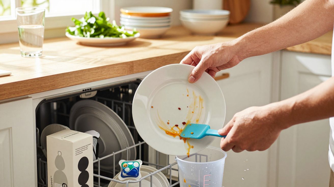 Pessoa a limpar prato sujo com espátula sobre máquina de lavar loiça aberta em cozinha iluminada.