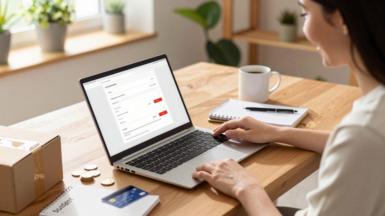 Mulher usa laptop numa mesa de trabalho com chávena, bloco de notas e cartão de crédito ao lado.