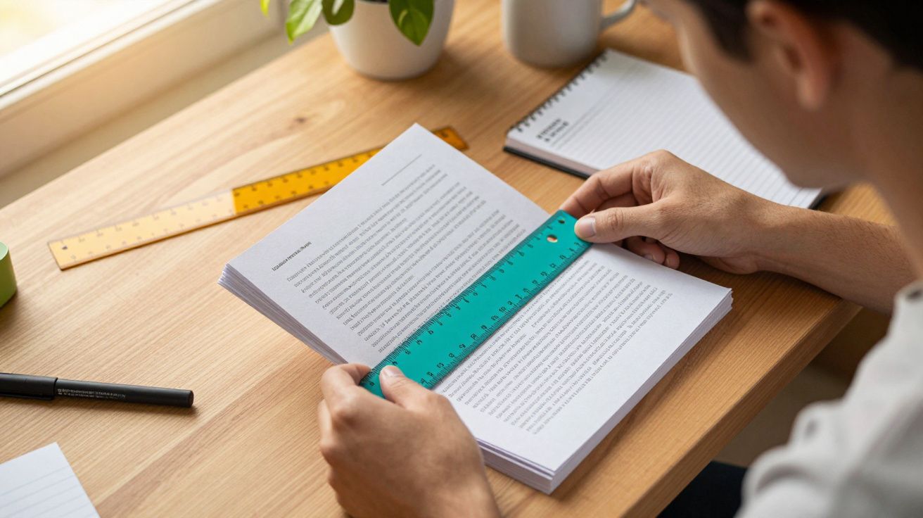 Pessoa usando régua para ler documento em secretária de madeira, com cadernos e régua ao fundo.