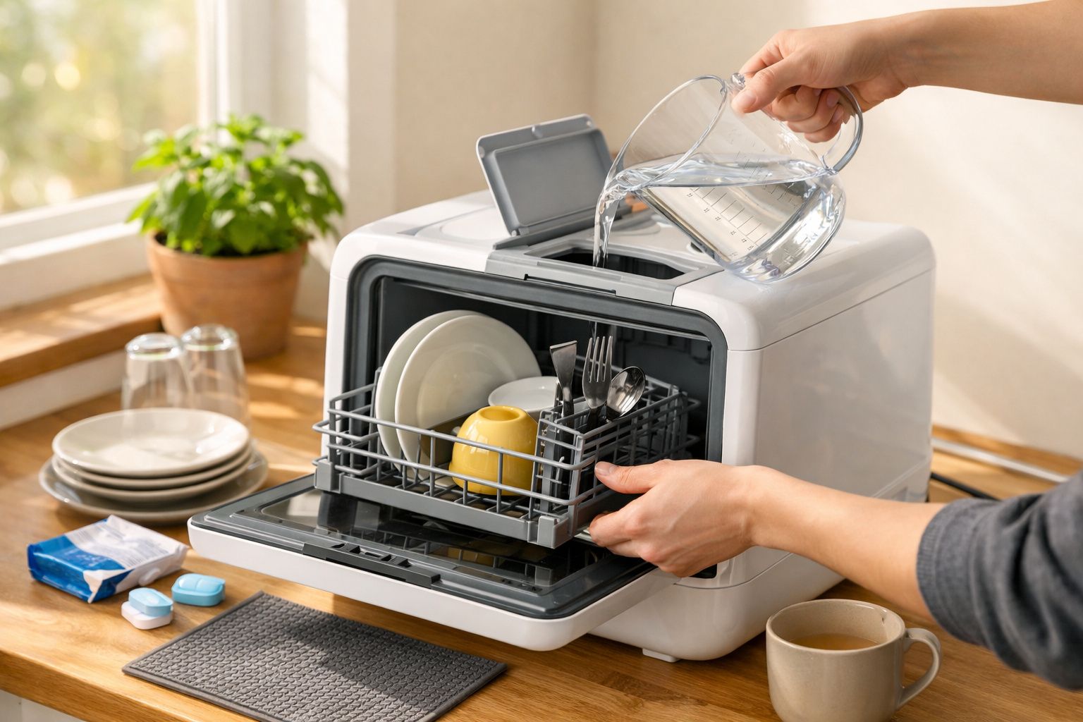 Pessoa carregando mini máquina de lavar louça com pratos e chávenas, numa cozinha iluminada.